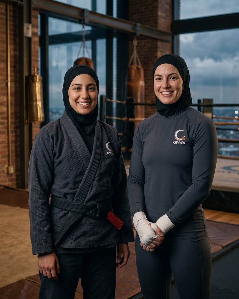 Two sisters in sports hijabs, one in a gi and one with wrapped hands, standing in a boxing gym